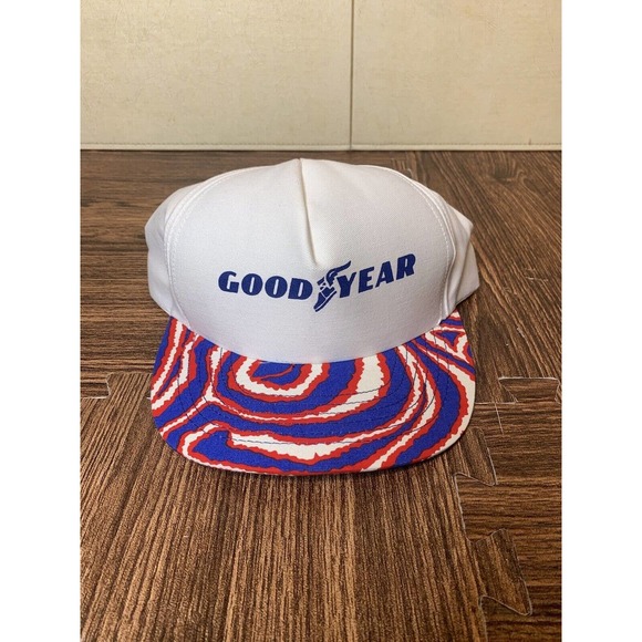 Vintage Goodyear Snapback Trucker Hat Cap Red White And Blue zebra pattern USA - Picture 1 of 6